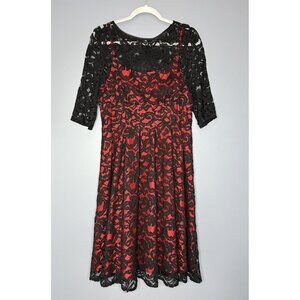 Adrianna Papell Dress Womens 12 Black Red Lace Overlay Fit & Flare Cocktail